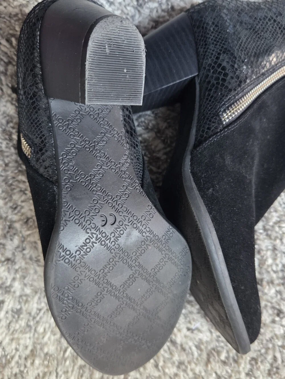 Vionic Anne Black Suede Snakeskin Booties